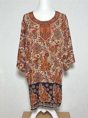 SANTE CLASSICS Paisley Tunic Top in Multi-Color with Gold Studs - size XL